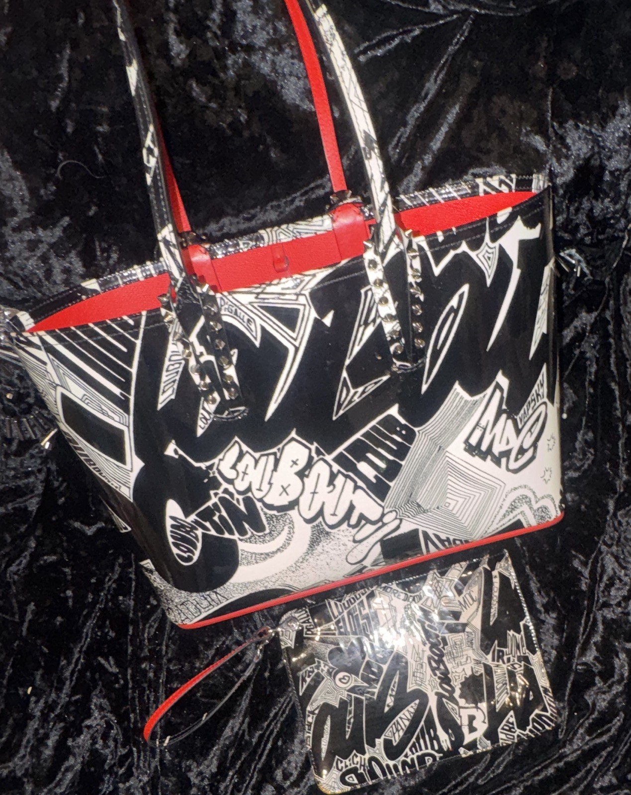 Christian Louboutin Cabata Large Graphic Print Studded Tote Wristlet Red Lined