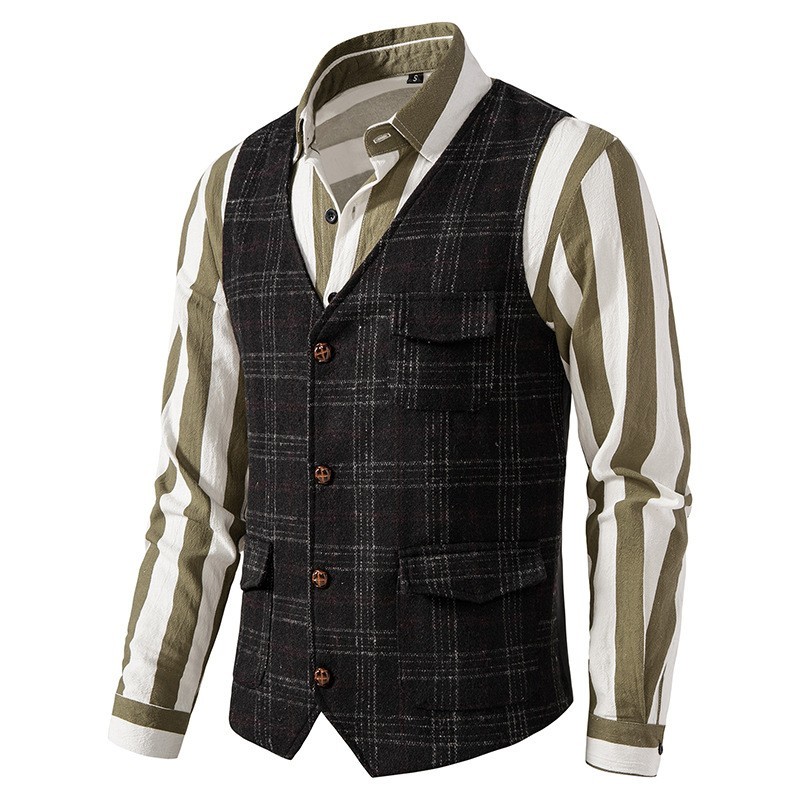 Men’s Plaid Tweed Vest Vintage Single-breasted Waistcoat England Style Suit Vest