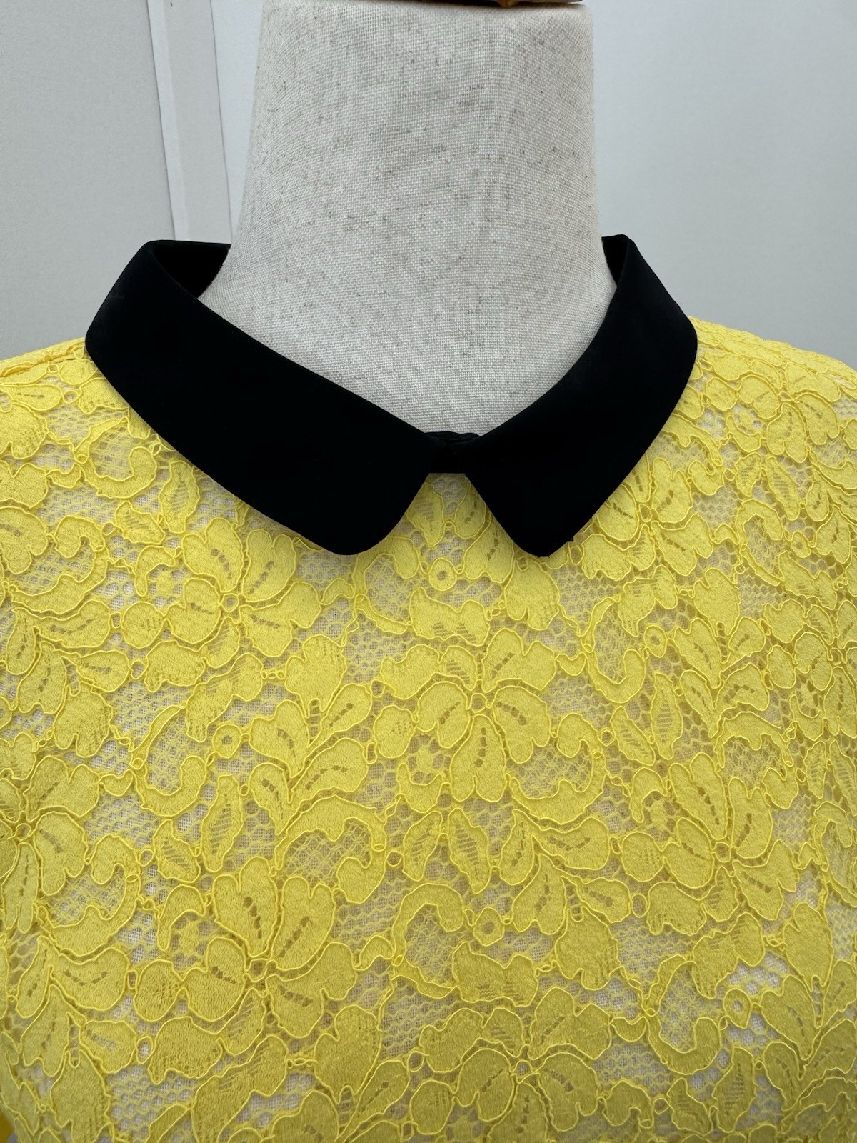 ZARA Vibrant Yellow Lace Shirt With Demure Black Peter Pan Collar Size XL