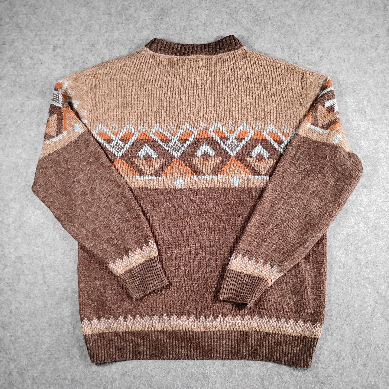 BFD Vintage Men Brown Fair Isle Geometric Acrylic Knit Crewneck Sweater USA Made