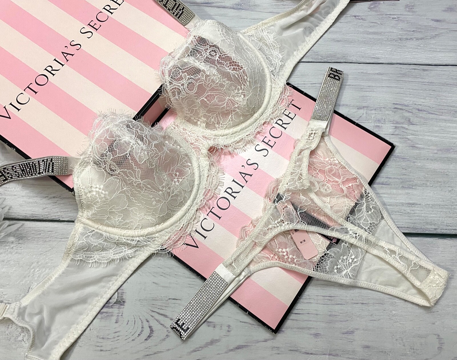 Victoria’s Secret Wicked Shine Strap Bra Thong Set Very Sexy Lace White “Bride”