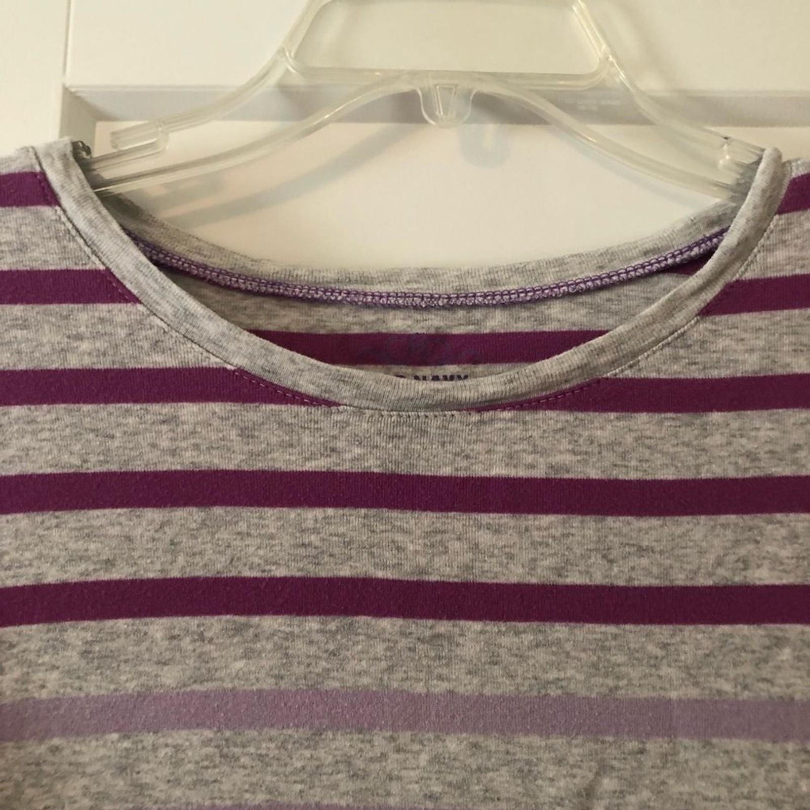 Grey and purple striped long sleeve shirt