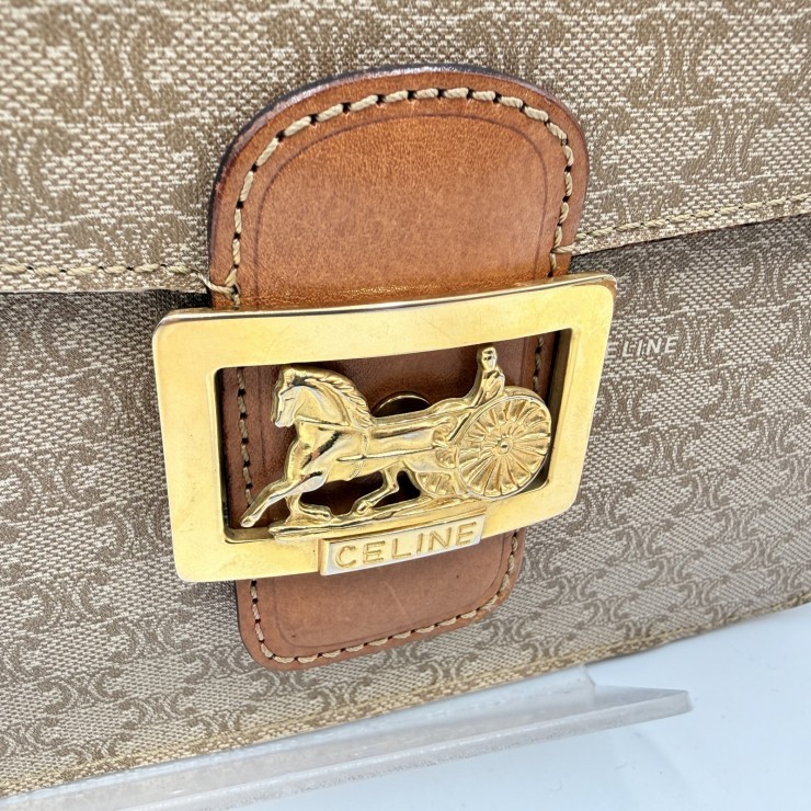 CELINE Vintage Macadam Shoulder Bag in Beige PVC and Leather with Gold-Tone …