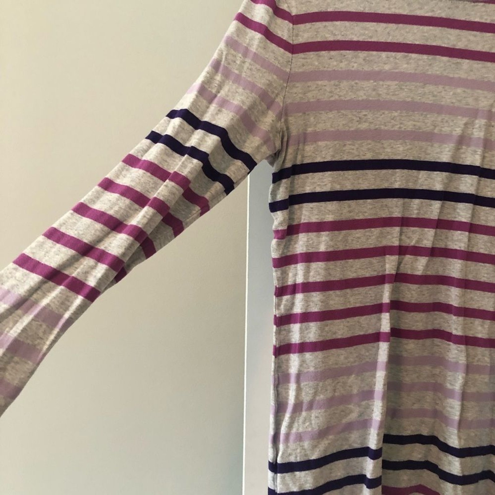 Grey and purple striped long sleeve shirt