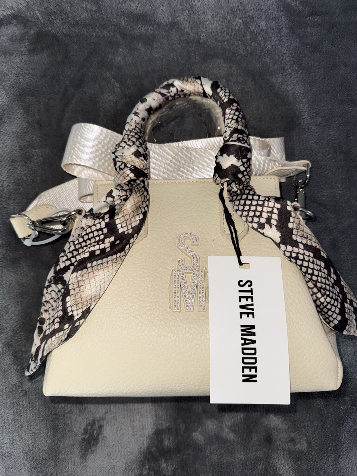 Steve Madden Ivory Small Pebbled Satchel Top Handle Zip, Detachable Strap, Logo