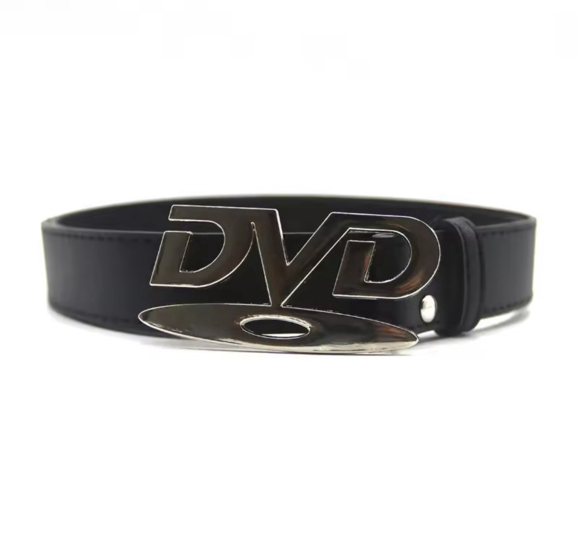 Men’s Black Solid Y2K Adjustable Belt w/ Silver-Tone DVD Logo Buckle