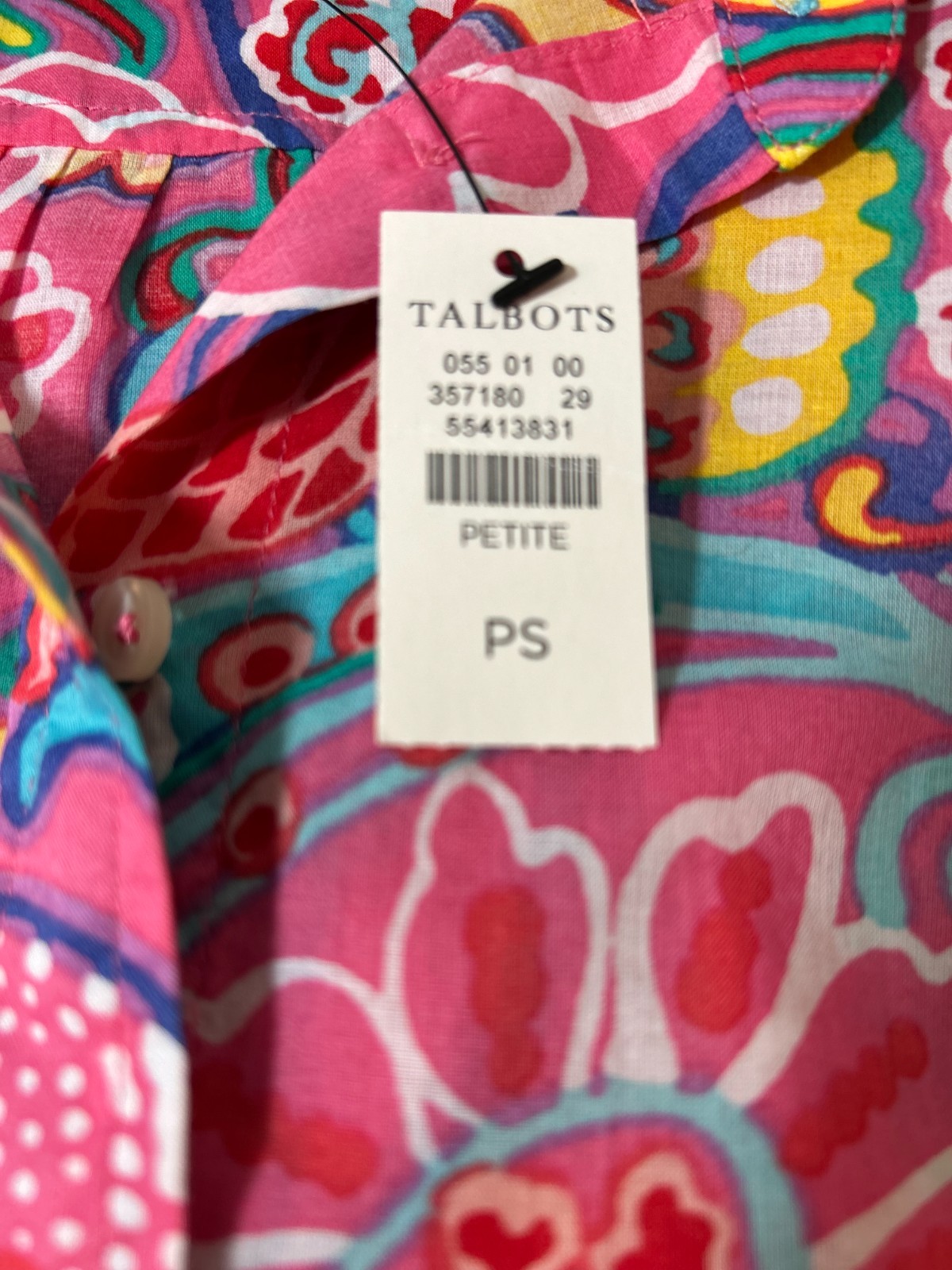 Womens Talbots Long Sleeve Blouse Size Petite Small Pink & Turquoise NEW