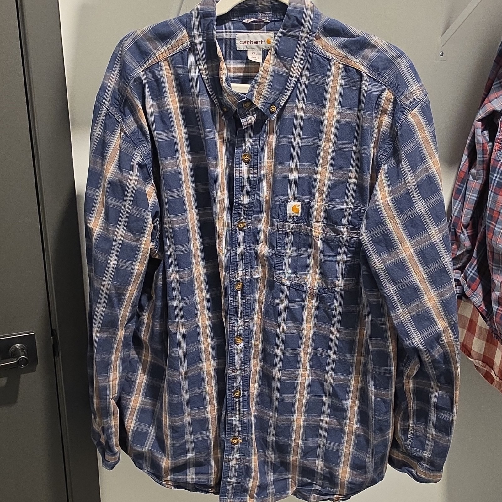 Carhartt Men’s Blue Beige White Plaid Flannel Long Sleeve Button-Up Shirt 2XL
