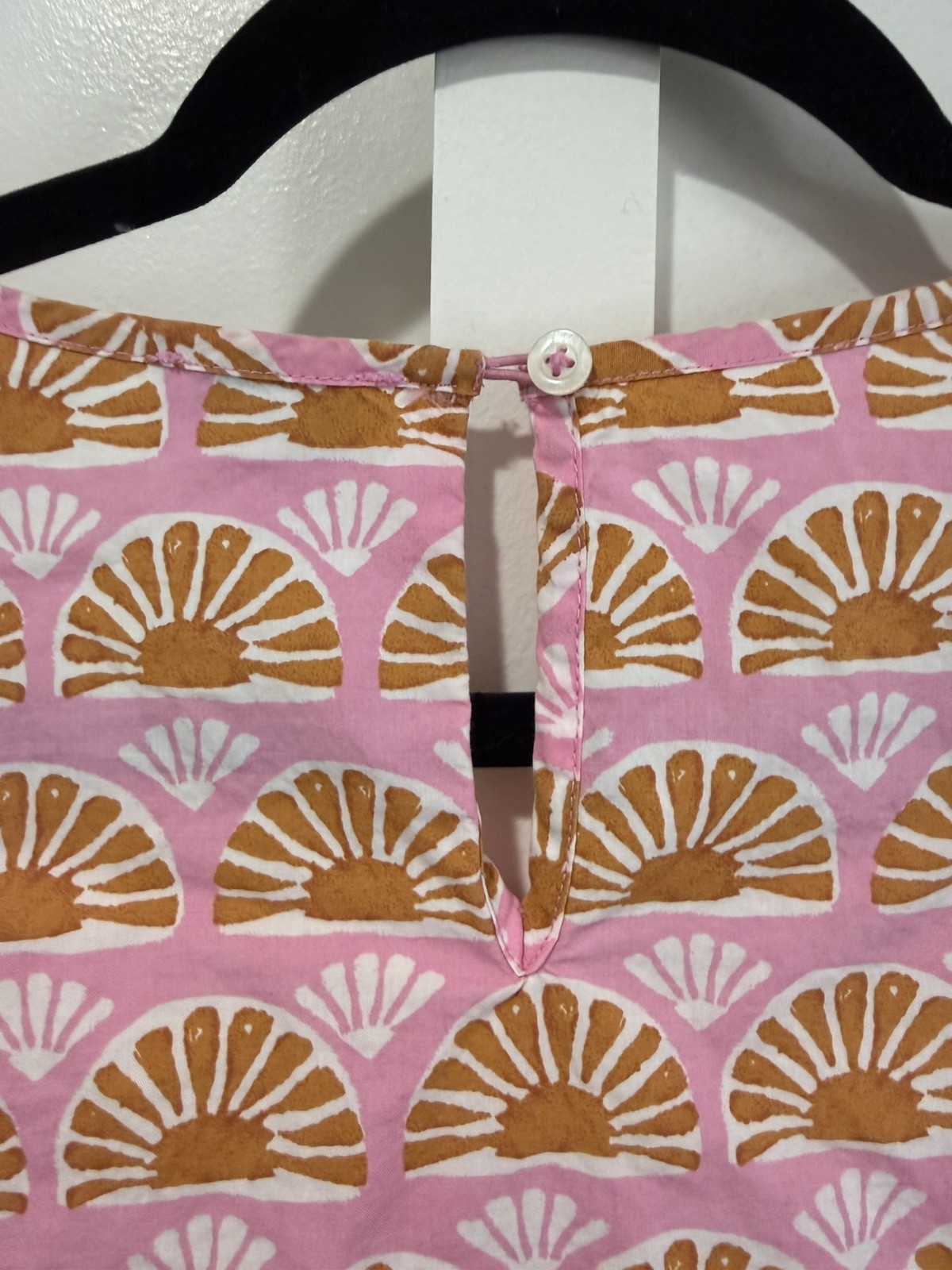 J Crew Women’s Pink Fan Print Smocked Puff Sleeve 100% Cotton Boho Cottage Large