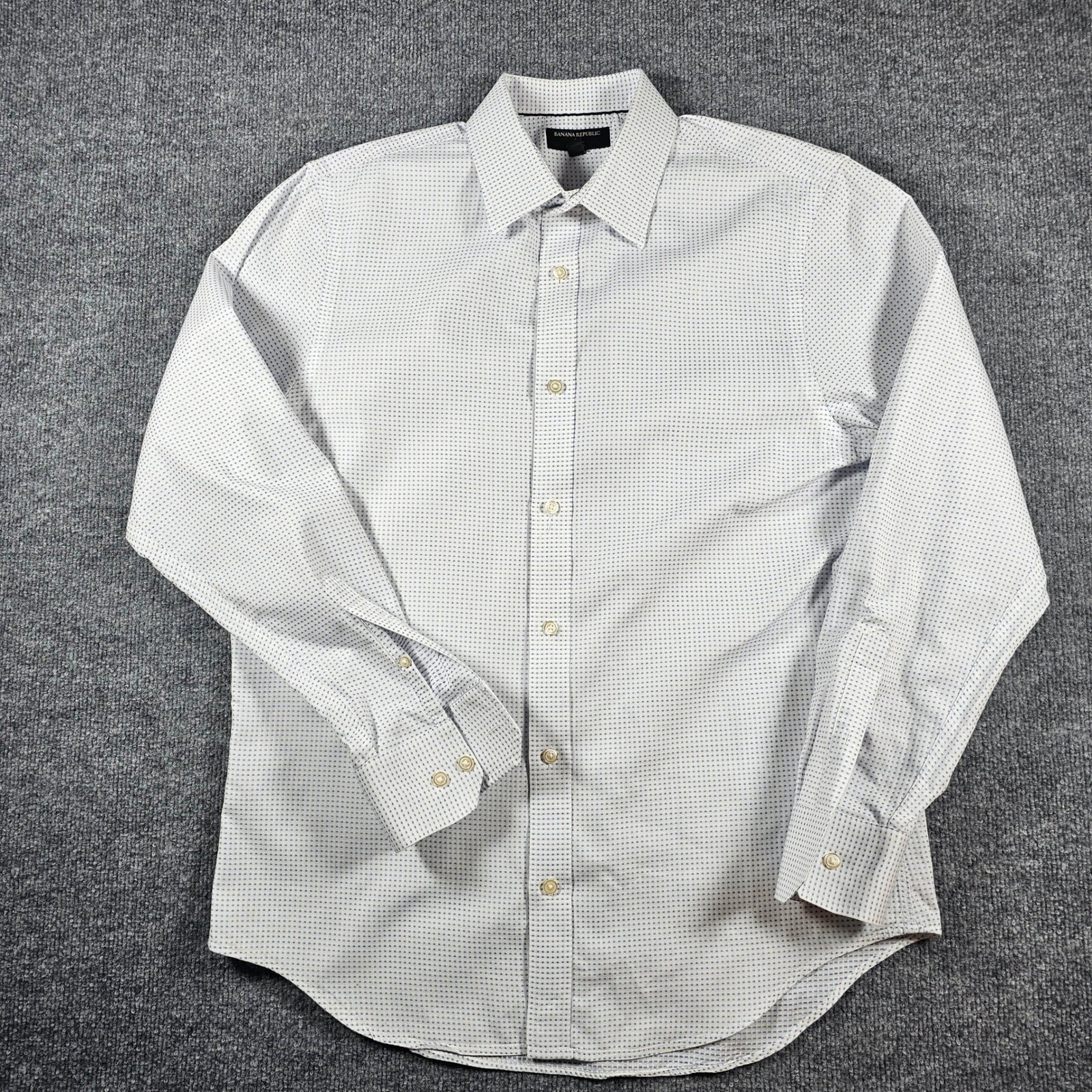 Banana Republic Mens Non Iron Slim Fit Dress Shirt Blue White Pattern L 16-16.5