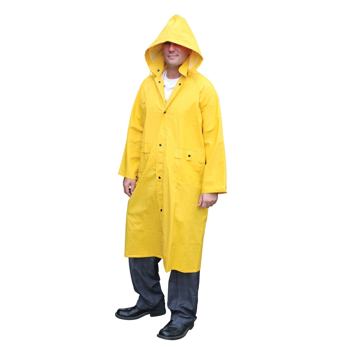 Safety Rain Coat Yellow Rain Jacket 49″ w Detachable Hood .35mm PVC / Polyester