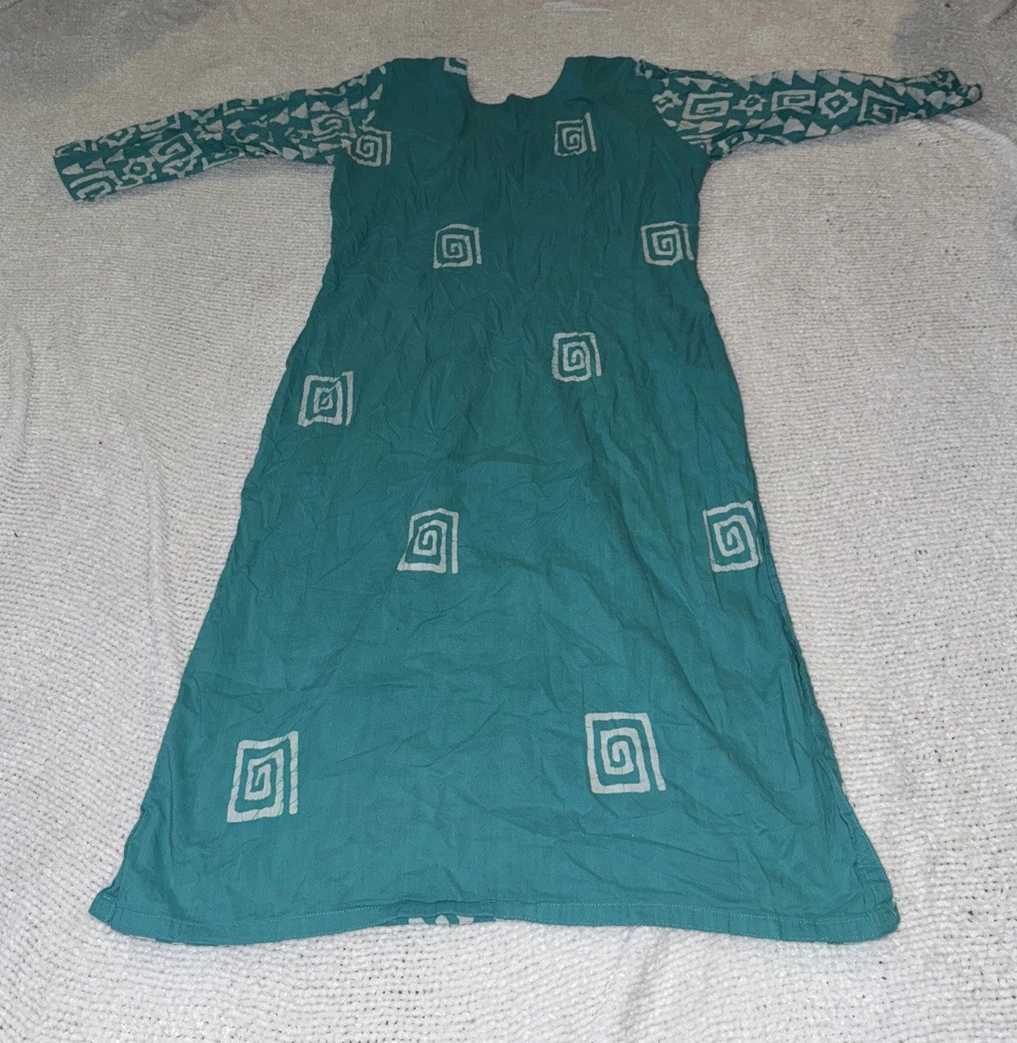 Handmade Green & White Tunic Kurta 3/4 Sleeve Flared Silhouette Pullover Dress