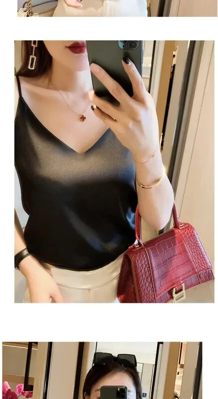Women Satin Silk Camisole Tank Top Vest V Neck Strap Undershirt Casual Basic