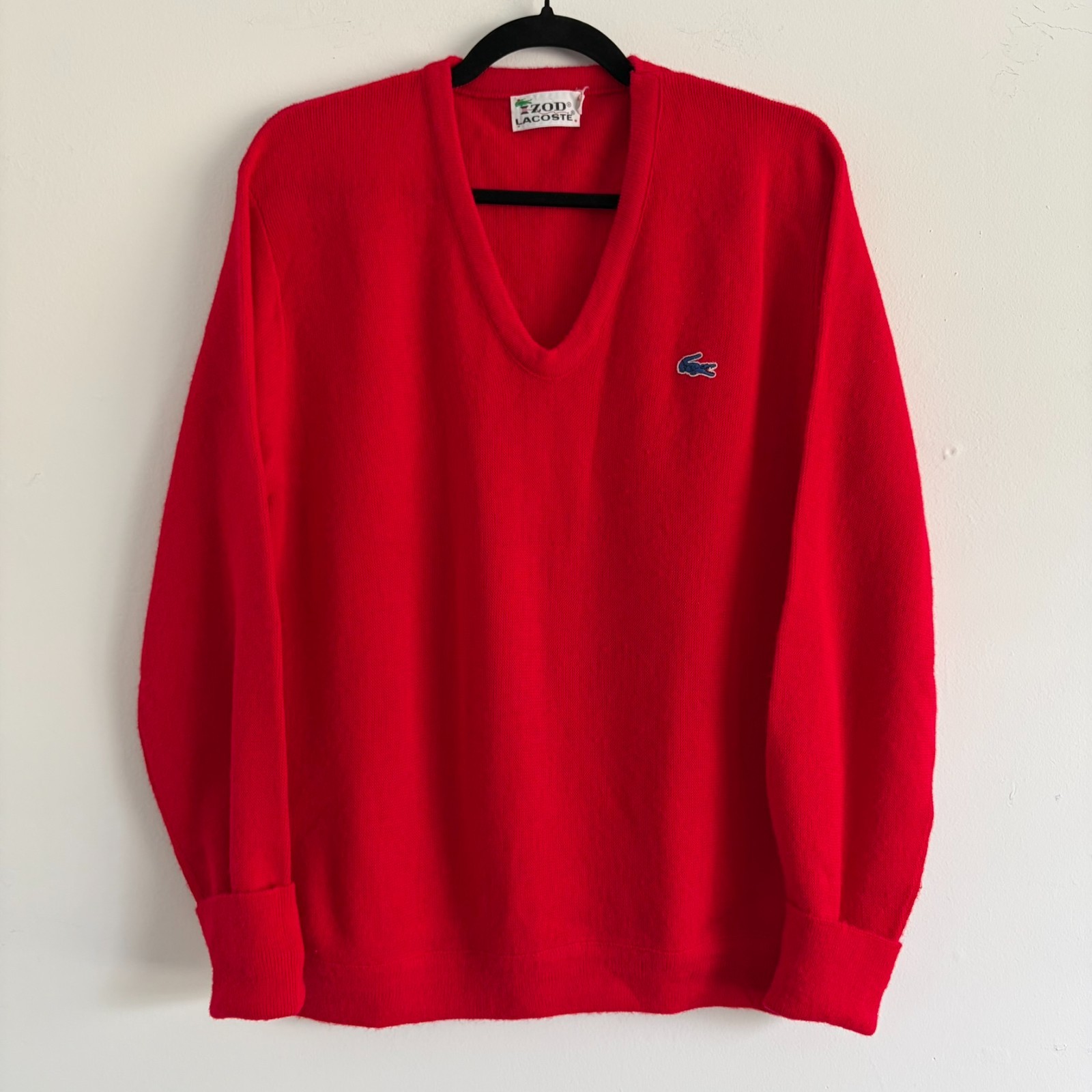 Vintage 80s IZOD Lacoste V Neck Sweater Men’s Large Red USA Orlon Acrylic Preppy