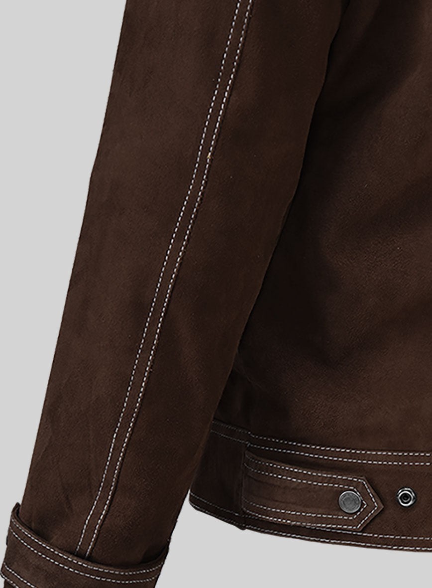 Men Brown Suede Leather Jacket Contrast Stitch Trucker Western Military Coat New
