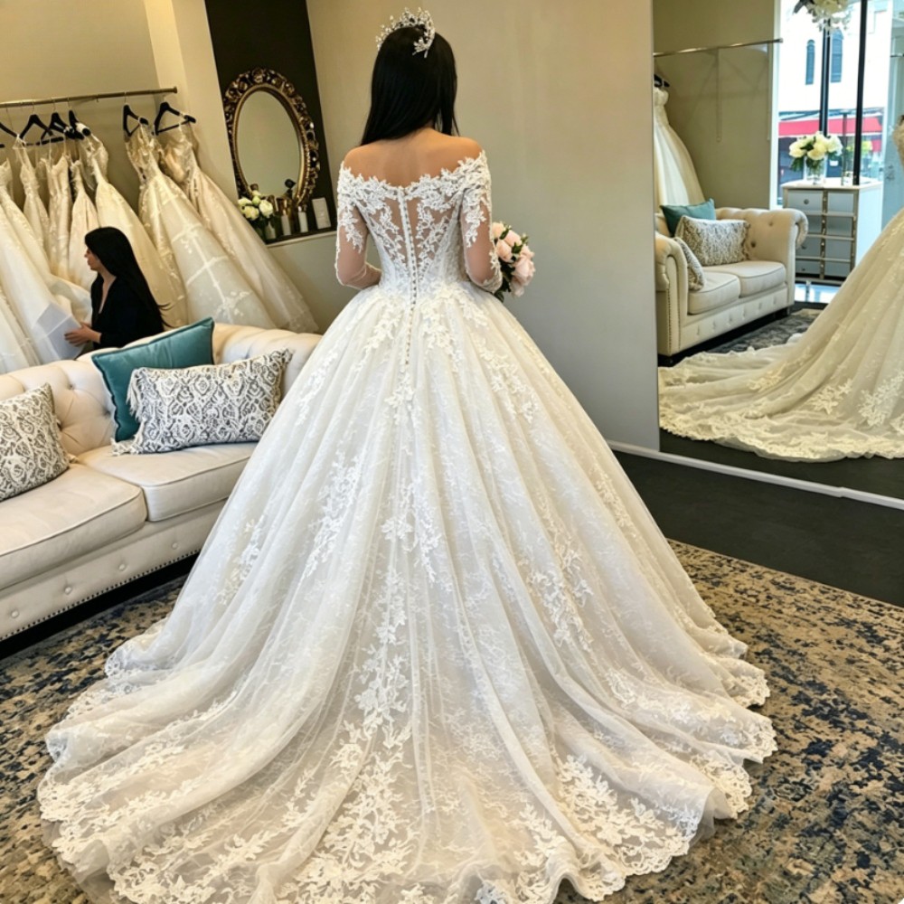 Wedding Dresses Puffy Long Sleeves Lace Applique Court Train V-neck Bridal Gowns