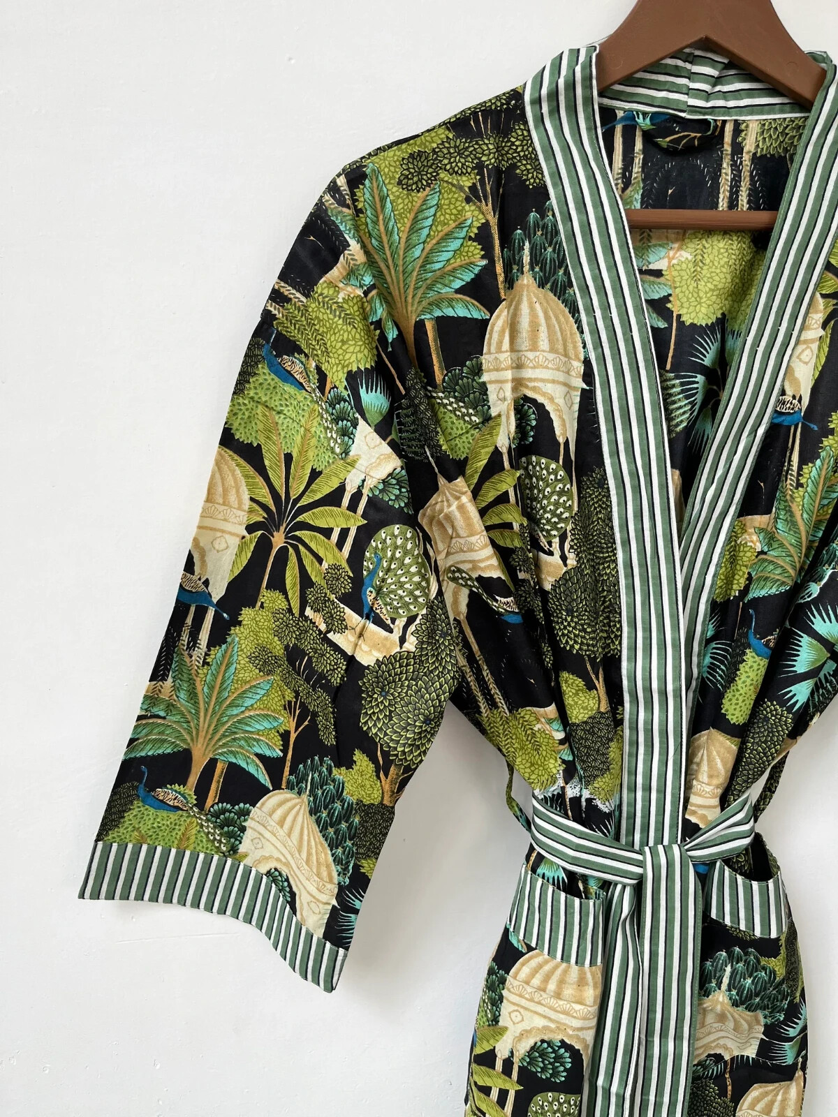 Indian Cotton Robe Long Kimono Sleepwear Black Floral Printed Night Kimono Robe