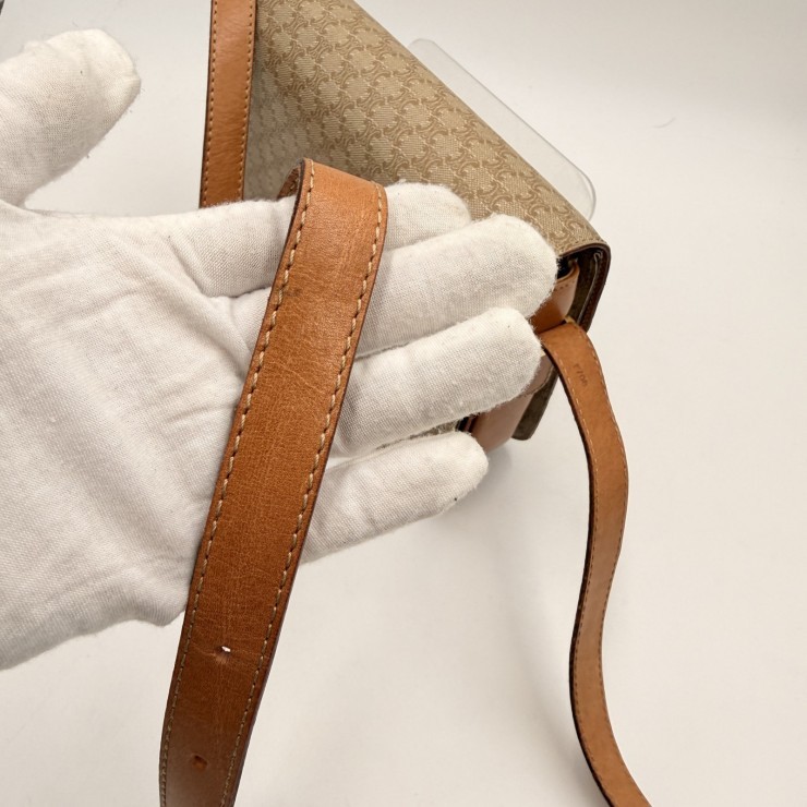 CELINE Vintage Macadam Shoulder Bag in Beige PVC and Leather with Gold-Tone …