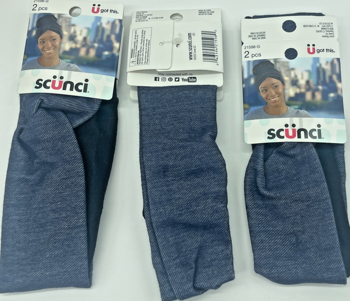 Lot of 3 Scunci Reversible Wide Headwrap Blue/Black NEW 2 Pack Women Headband