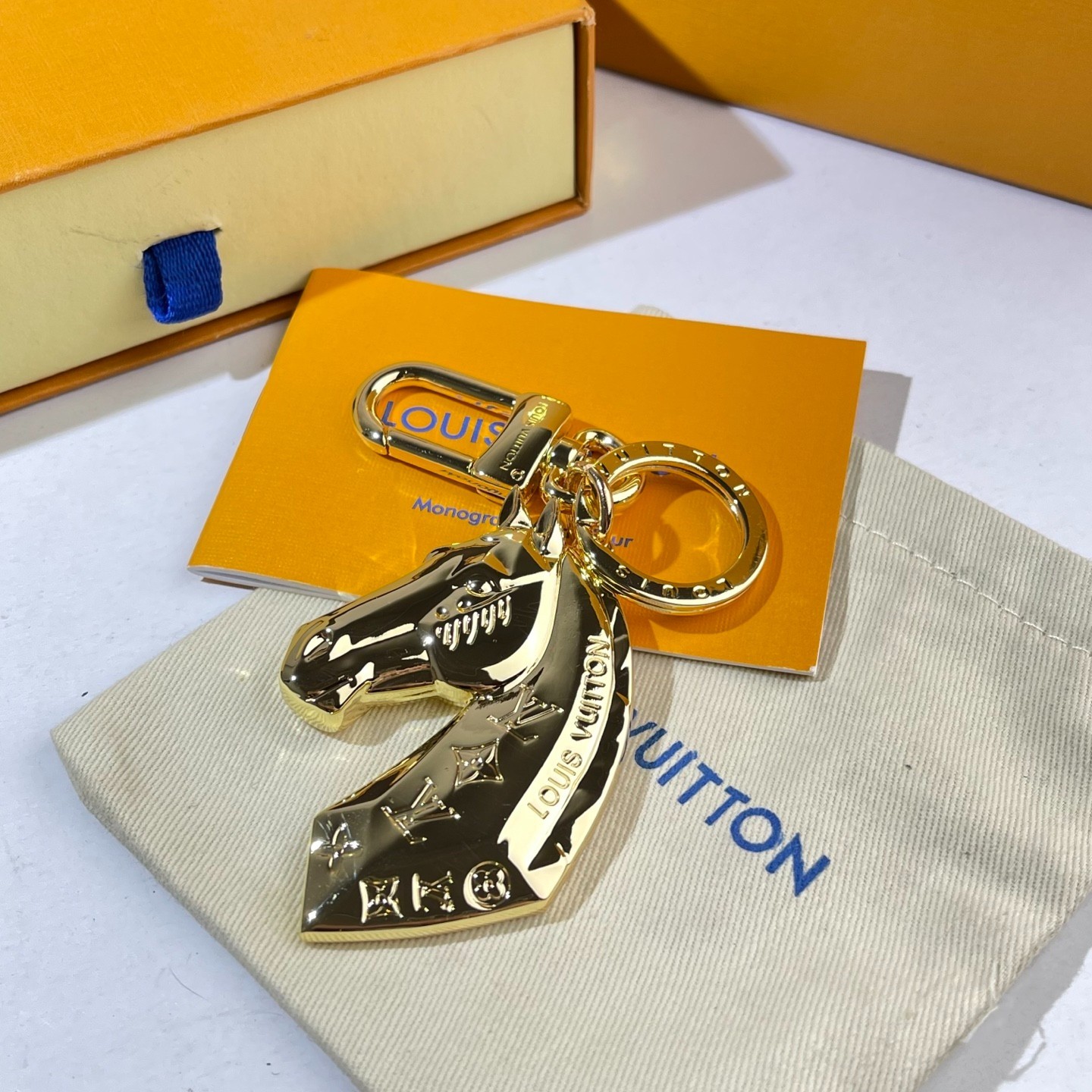 Louis Vuitton Horse Head Bag Charm Key Holder Gold Monogram Engraved Keyring Box