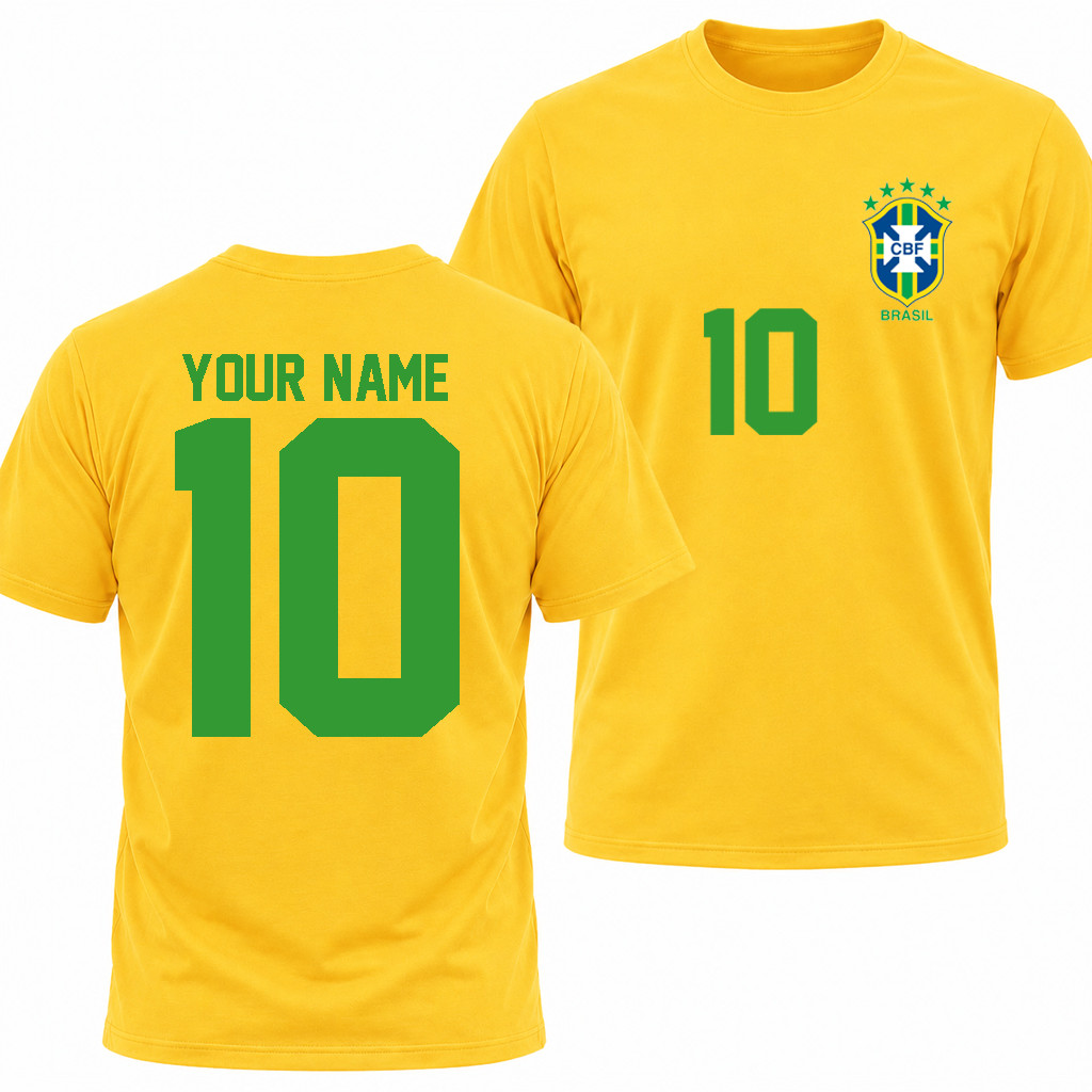 Brazil Custom Name Number Soccer Shirt Yellow Football Tee Men Women Kids Family