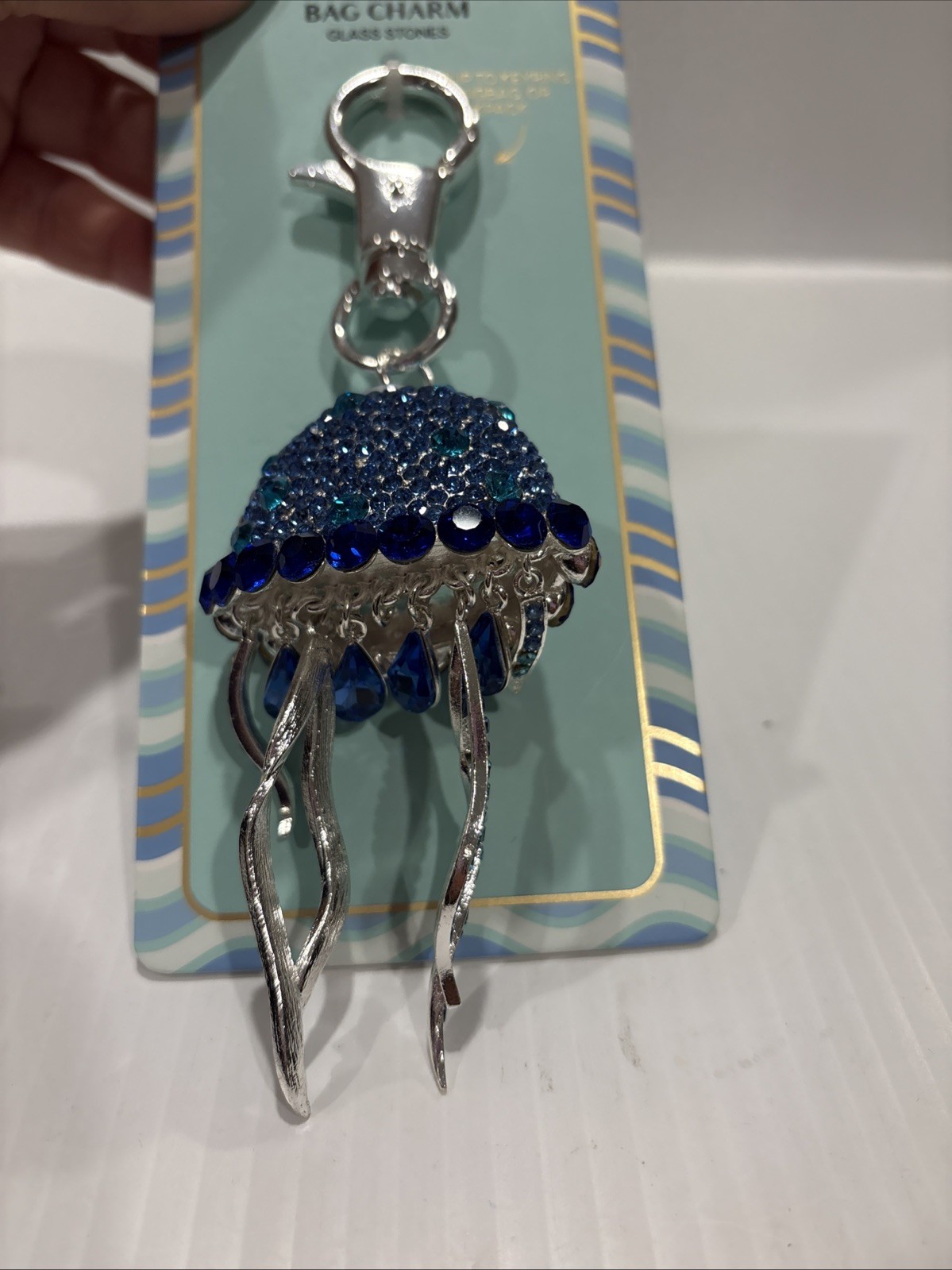 💙NWT Piper K Blue Rhinestone Jelly Fish Bag Charm / Keychain Blue Crystal