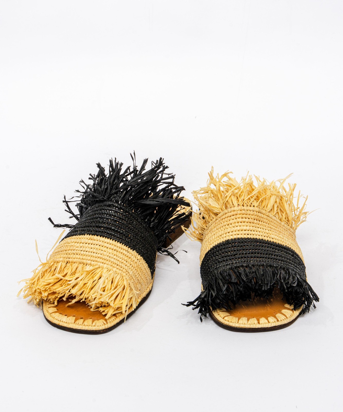 Handmade Moroccan Raffia Slide Sandals Women’s Fringe Natural Black Leather Sole