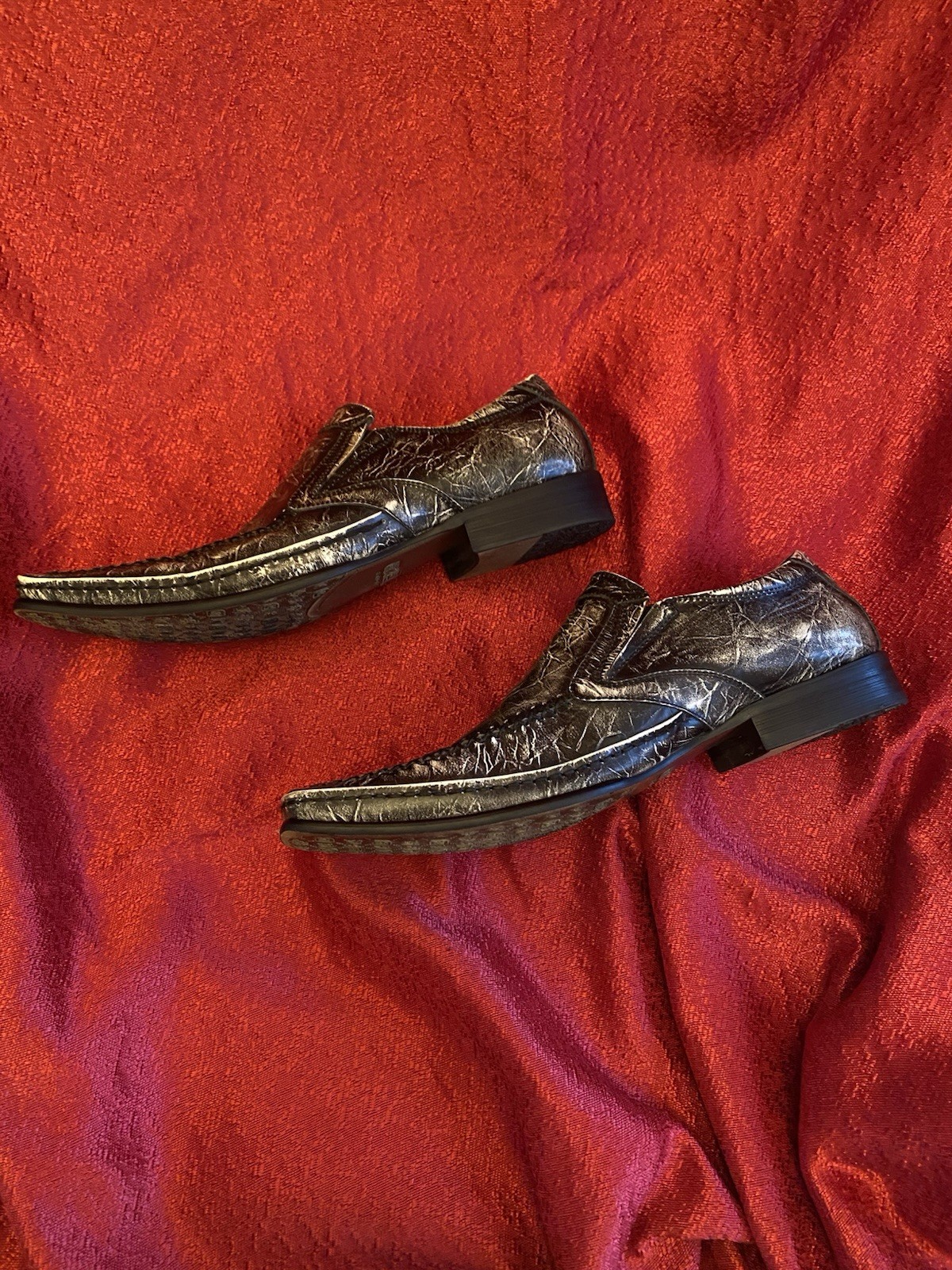 STACY ADAMS Thick Stitch Sq. Toe Slip On Loafer Black Marble Leather Sz 7.5 VTG