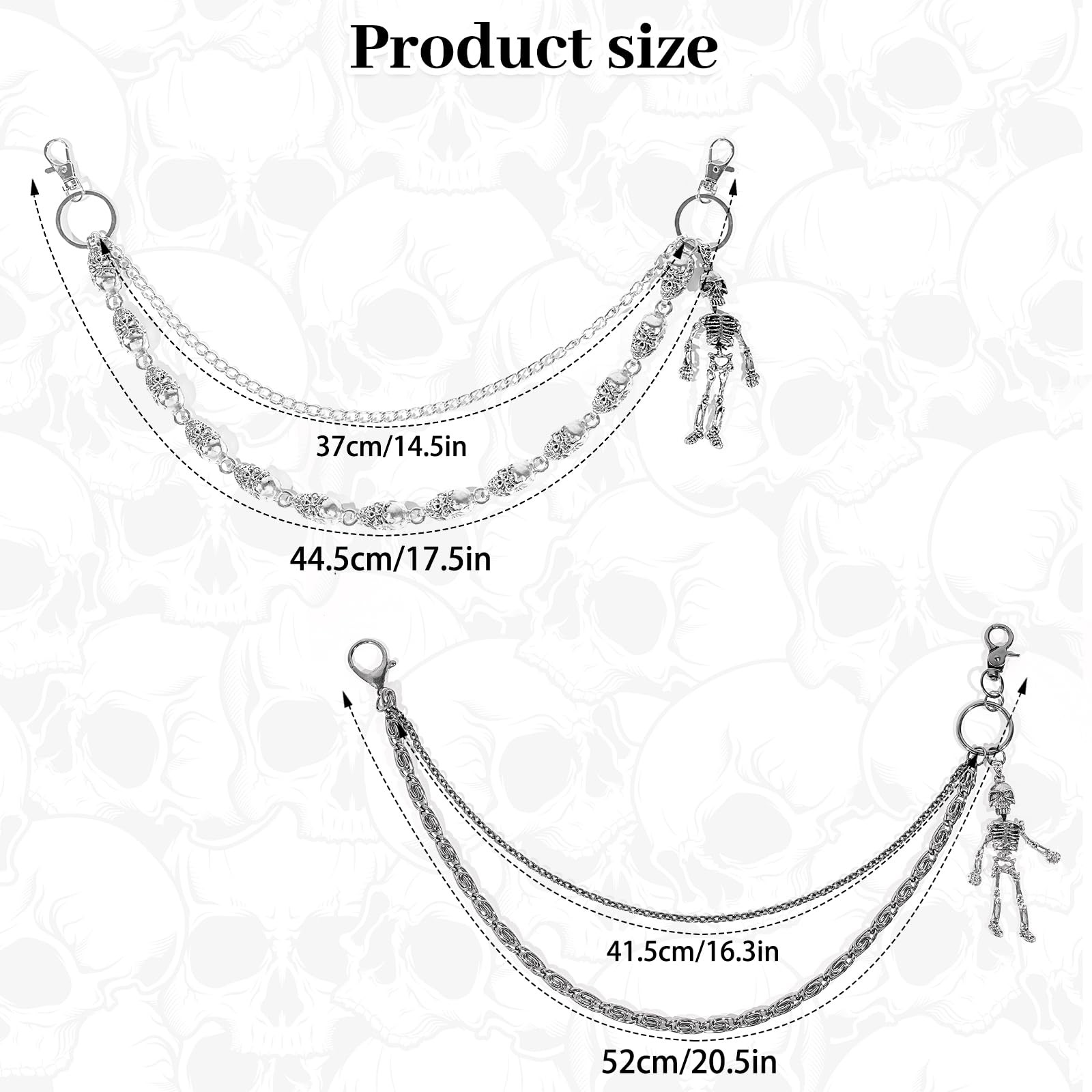 2 PCS Skull Pants Chain for Men Women Wallet Chains Standard, Silver