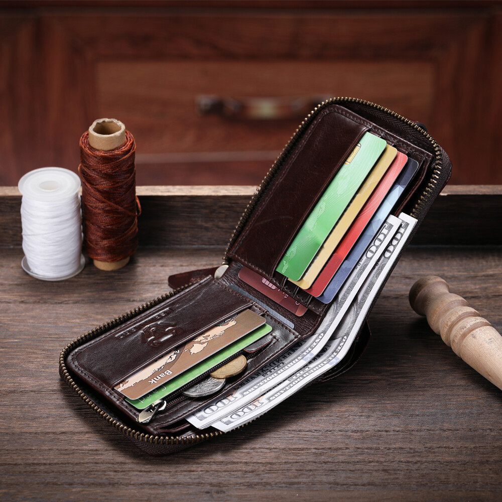 Mens Genuine Leather Zipper Wallet RFID Blocking Bifold Zip Around Card Holder