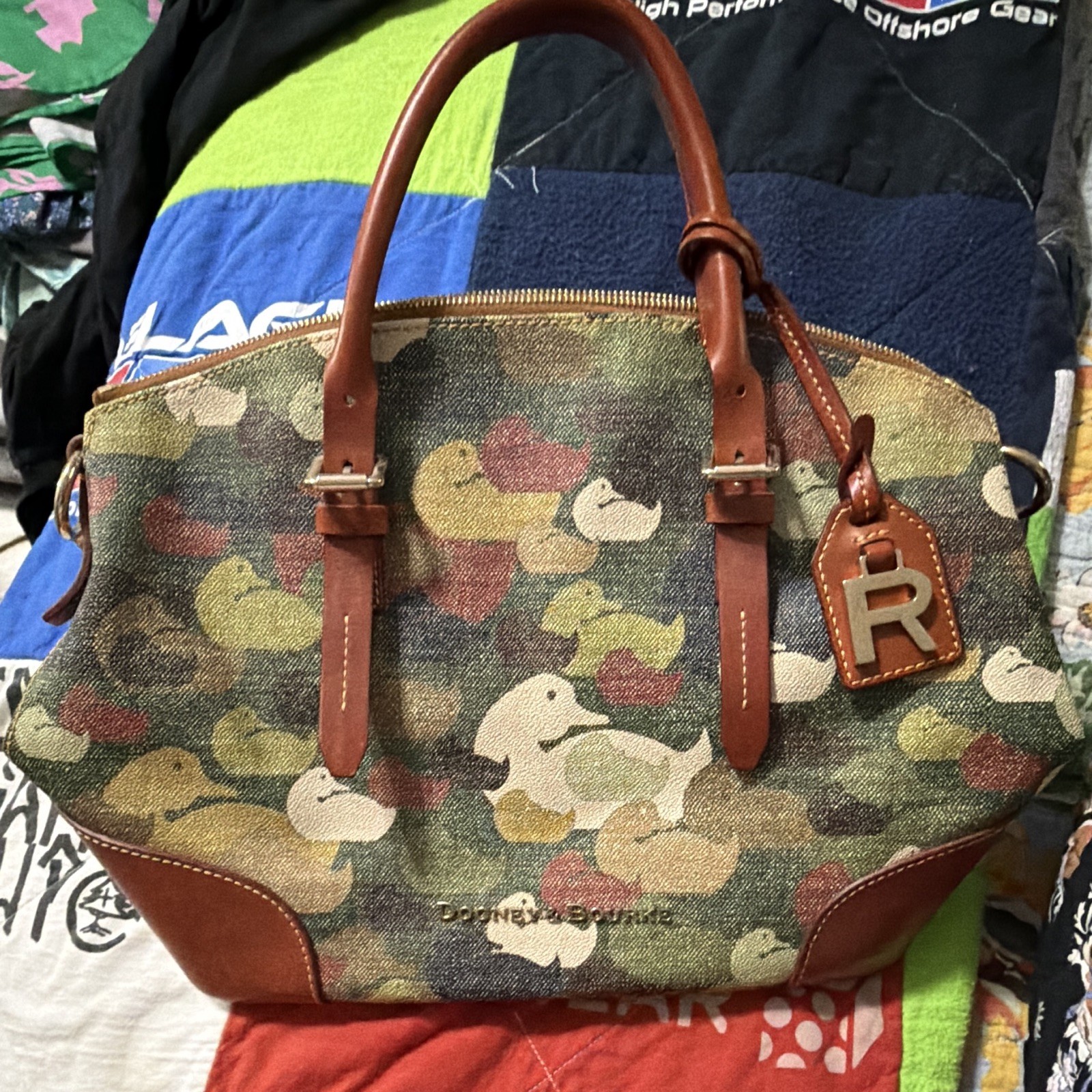 Dooney & Bourke Duck Animal Print Satchel Top Handle Zip Gold Hardware Charm