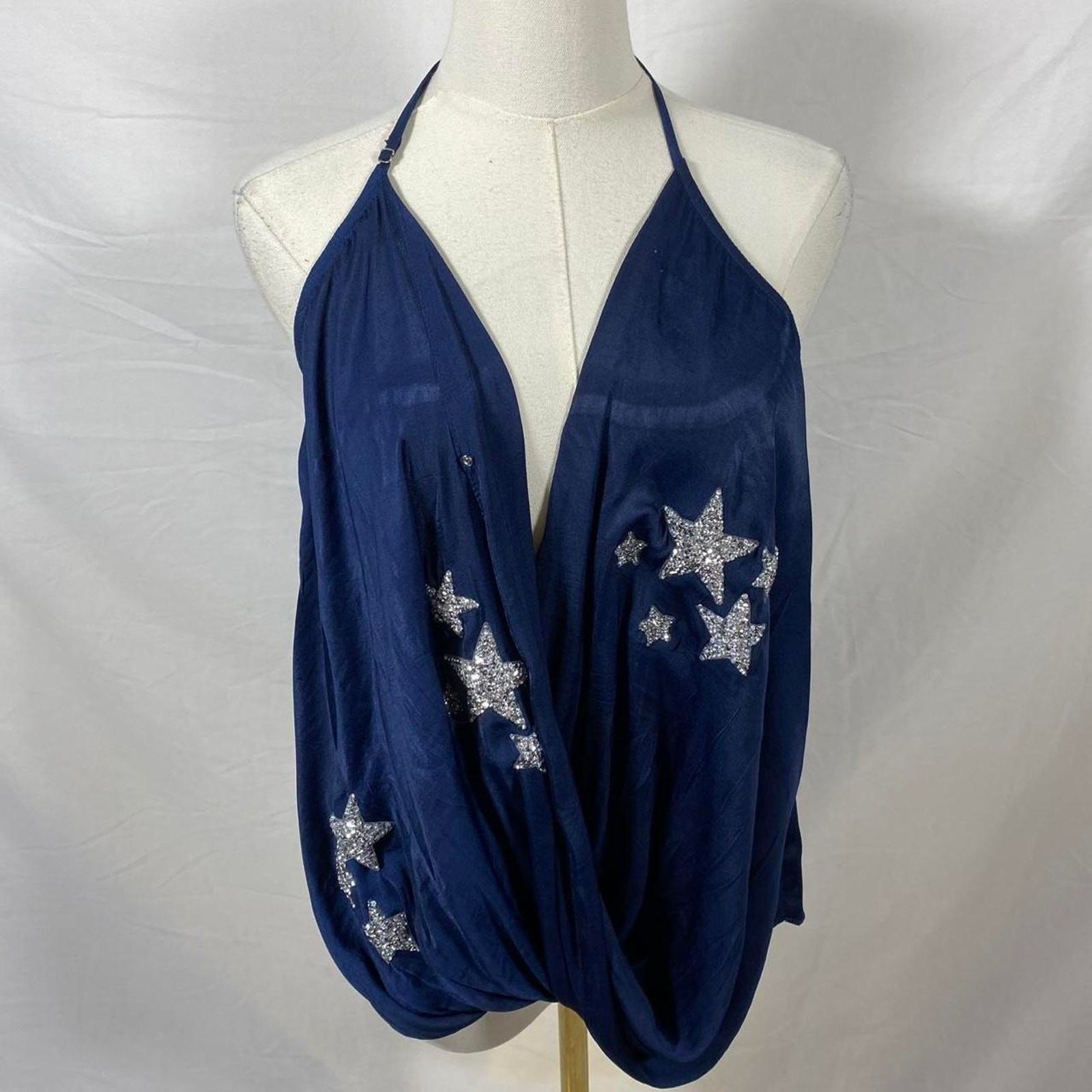 Judith March navy blue plunge halter top silver star embellishments size large
