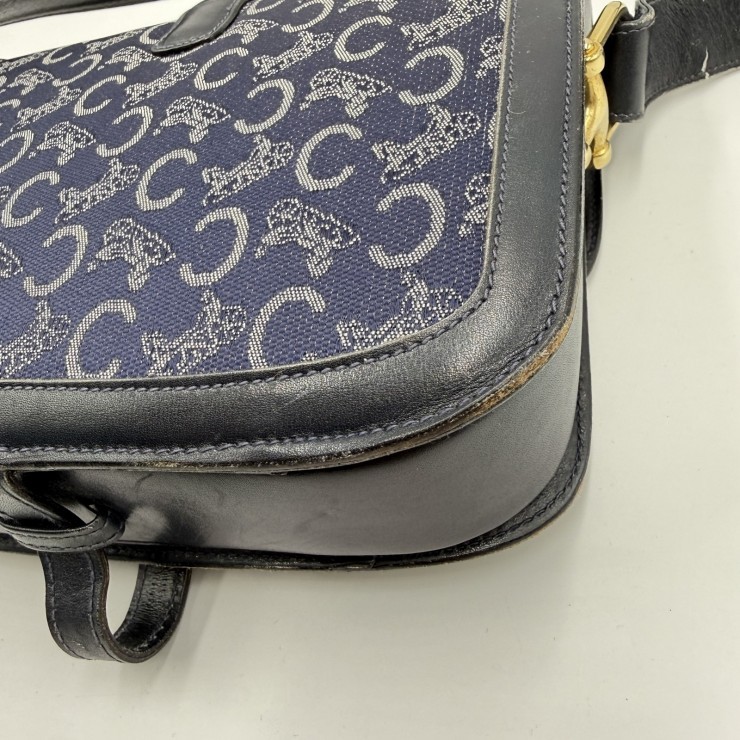CELINE Sulky C Macadam Vintage Shoulder Bag Navy Canvas and Leather Gold-ton…