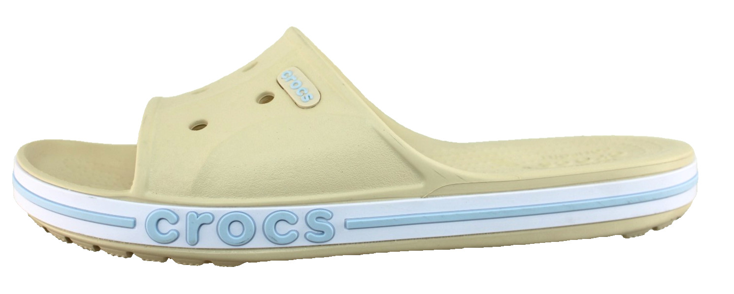 New CROCS Women’s 6 Bayaband Vanilla Cream /Blue Raised Crocs Logo Slide Sandals