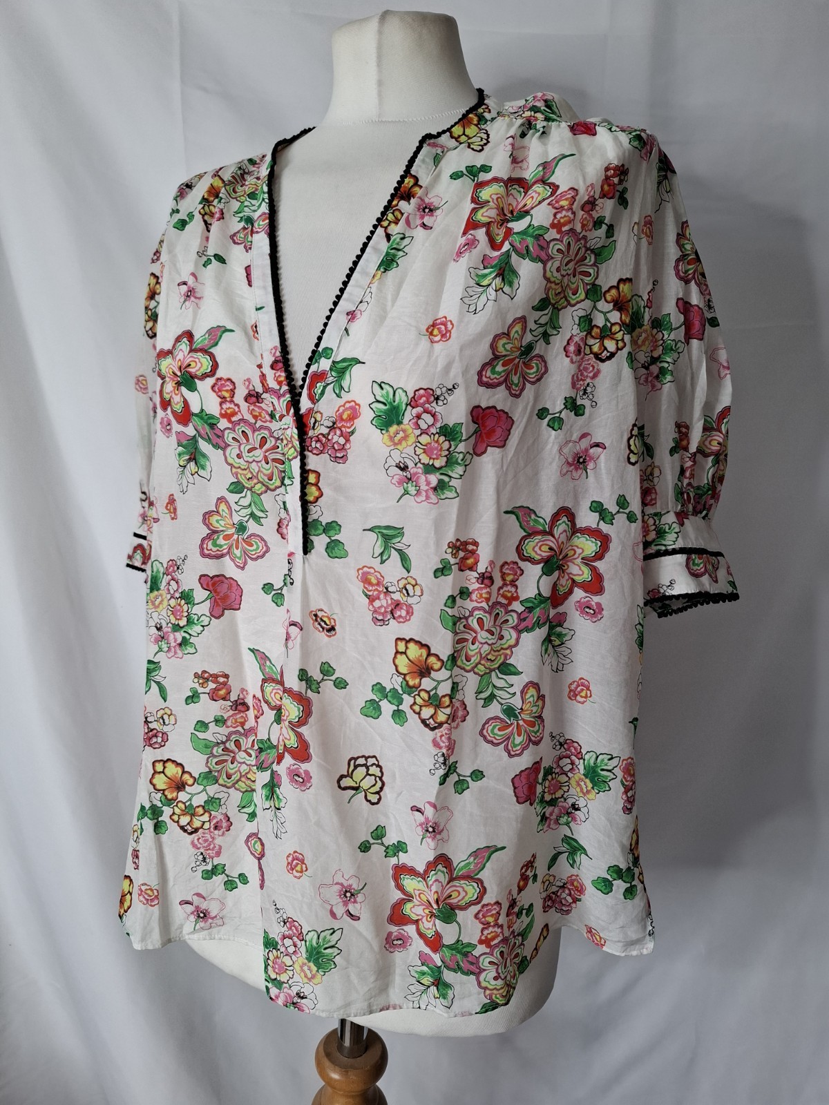 Me+Em Silk Cotton Floral Swirl Print Blouse Short Sleeve Size Uk 16