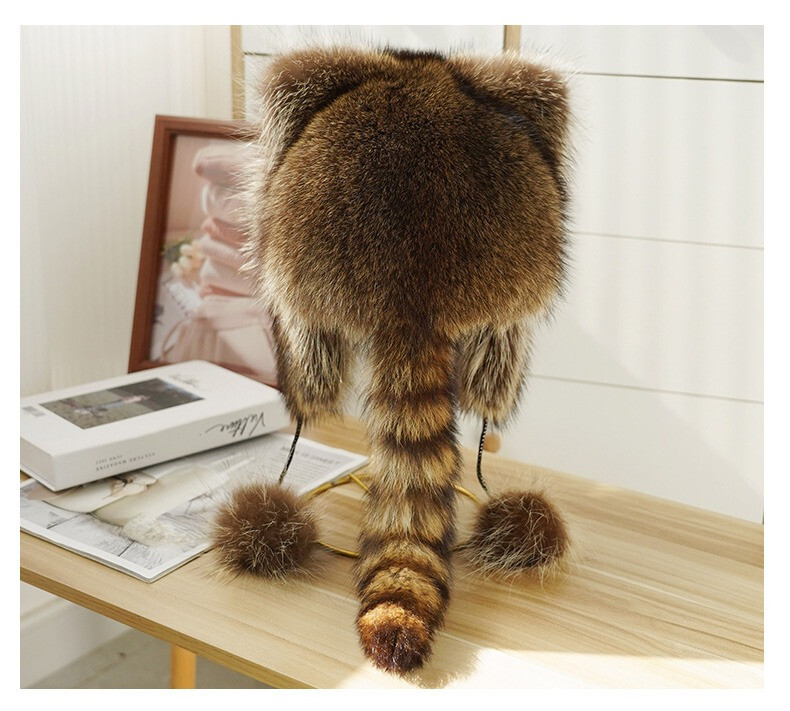 1pcs Adult Real Raccoon Fur Hat Trapper Hat Russian Hat Ushanka Ski Hunter Hat