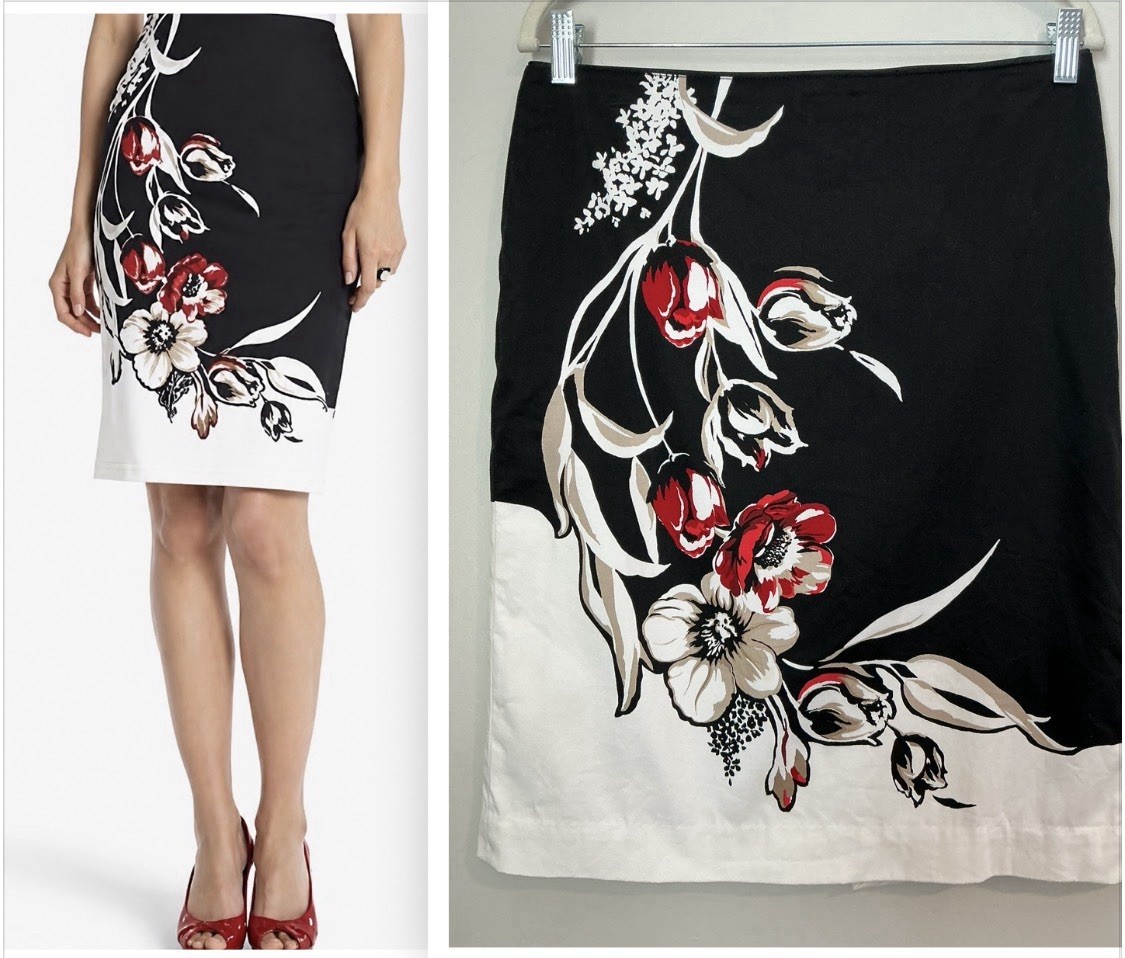 White House Black Market WHBM Bold Black & White Floral Pencil Skirt 10