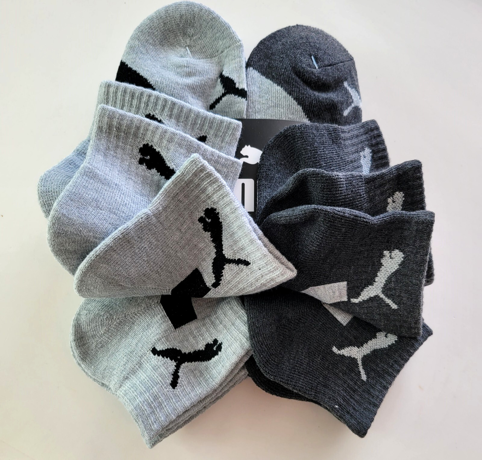 Puma Men’s Quarter Crew Socks 6 Pack L Black Gray Half Terry Sportstyle Cushion