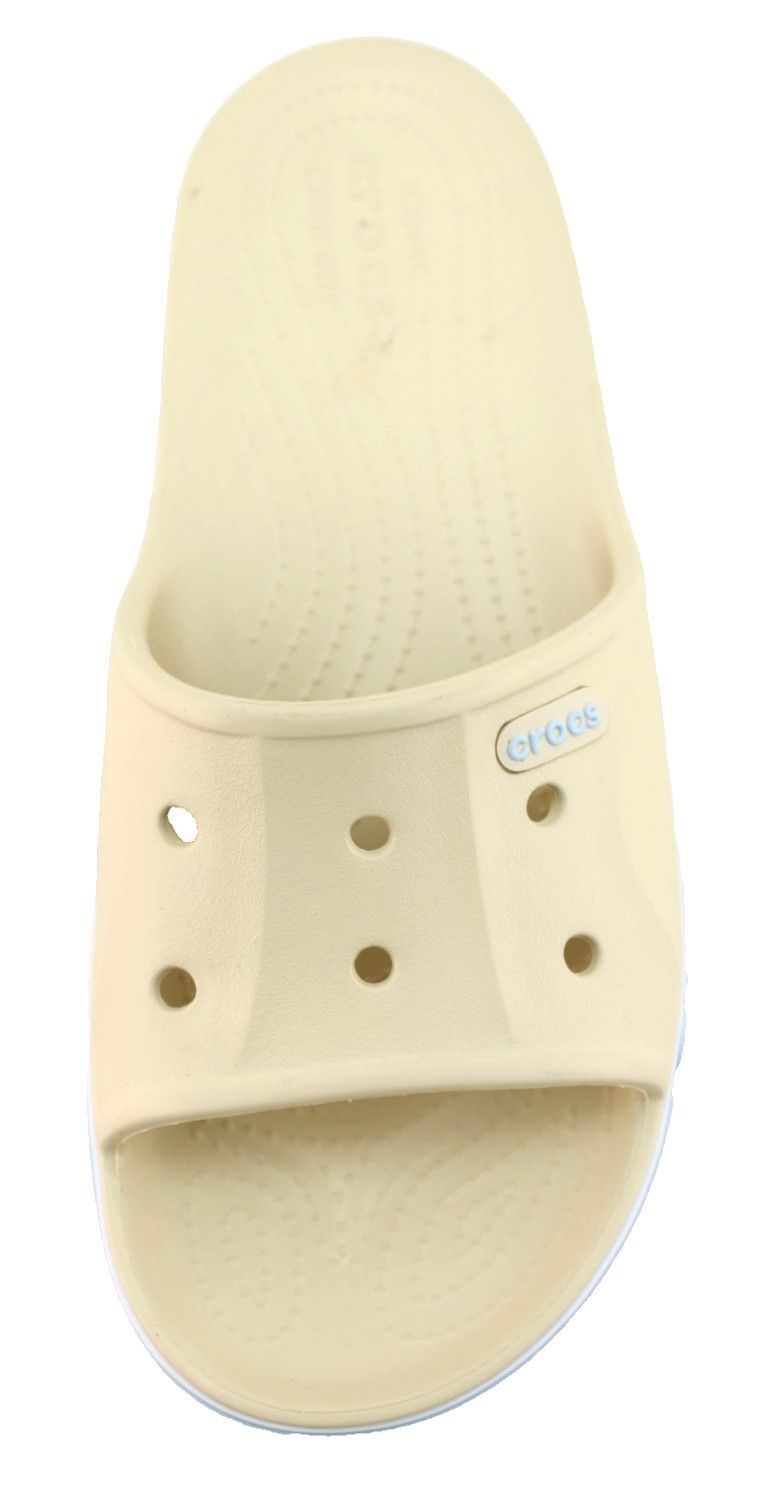 New CROCS Women’s 6 Bayaband Vanilla Cream /Blue Raised Crocs Logo Slide Sandals