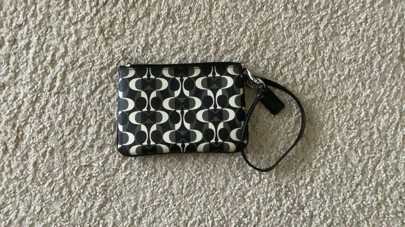 Coach Logo Wristlet Wallet Black White Gray Zip Wrist Strap Card Organizer