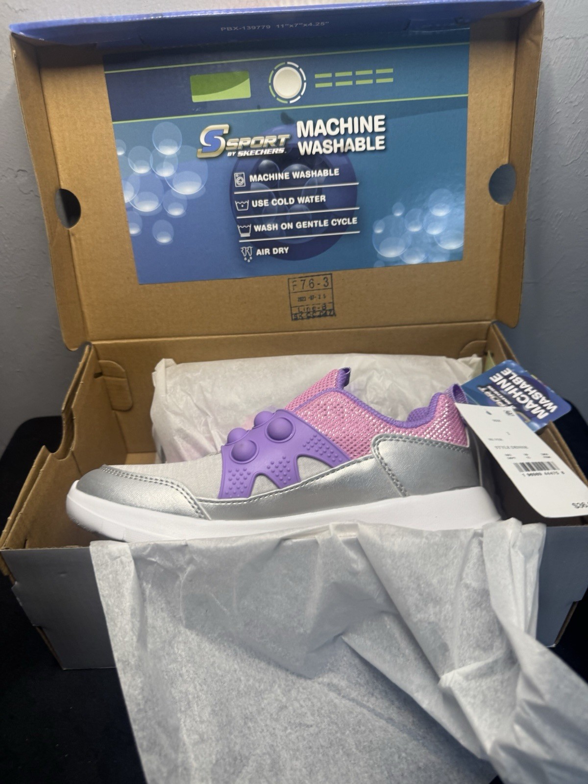S Sport by Skechers Silver Purple Slip-On Machine Washable Girls Sneakers Size 1
