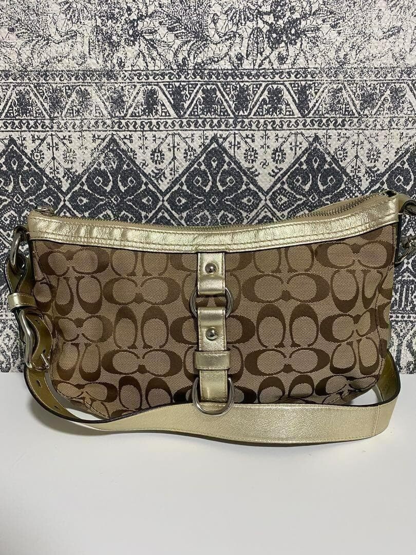 COACH Signature Monogram Canvas Leather Crossbody Shoulder Bag Brown 31cm W Auth