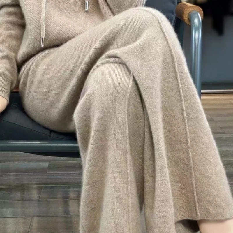 Women Merino Wool Wide Leg Pants Soft Warm Cashmere Knit Trousers Winter Casual