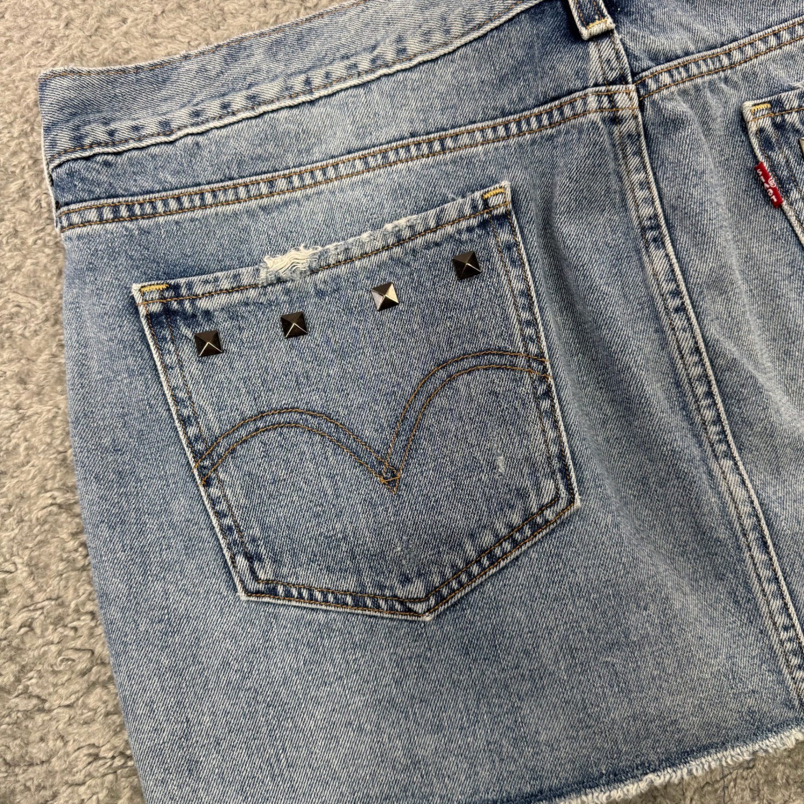 Levis Custom Studded Punk Denim Mini Skirt Metal Babe Grunge Graphic 38″ Atheist
