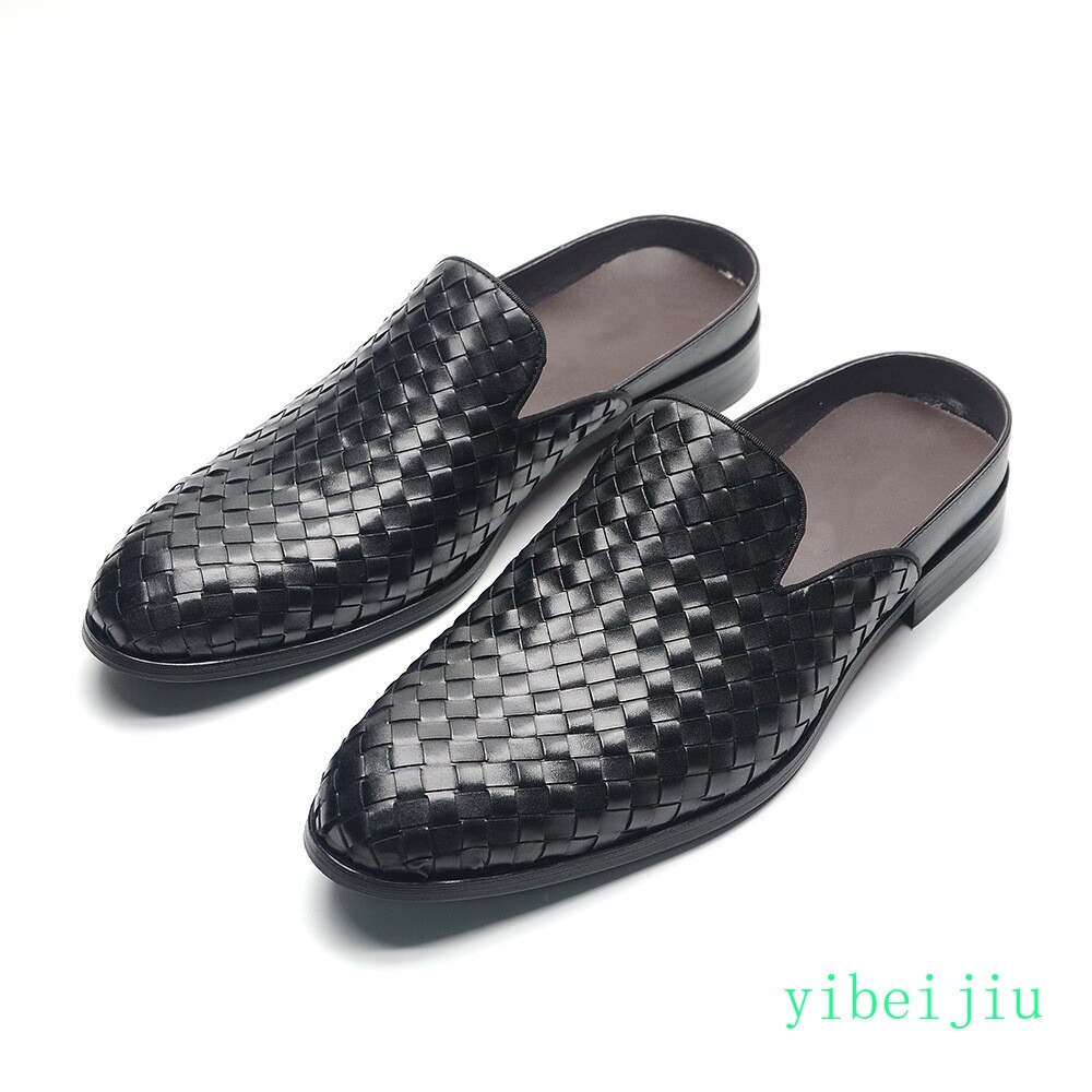2026 Mens Real Leather Weave Woven Slipper Dress Slide Shoes Slip On Sandals Man