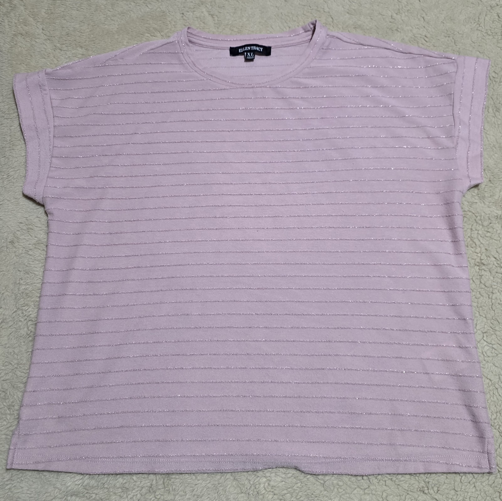 Ellen Tracy Women’s Pink Striped Metallic Short Sleeve T-Shirt Size XL