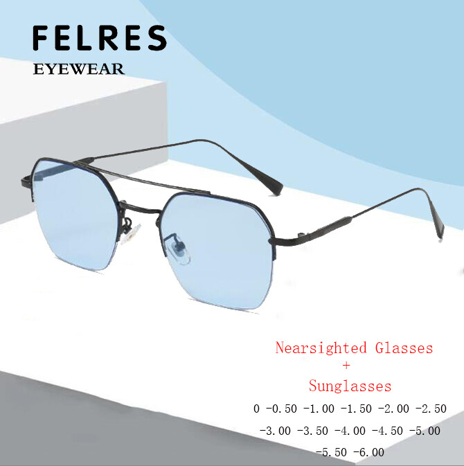 Unisex Metal Half Frame Myopia Nearsighted Distance Glasses Blue Lens Sunglasses