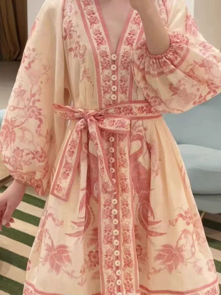NWT Zimmermann Summer Resort VNeck Lantern Sleeve Floral Print Belted Mini Dress