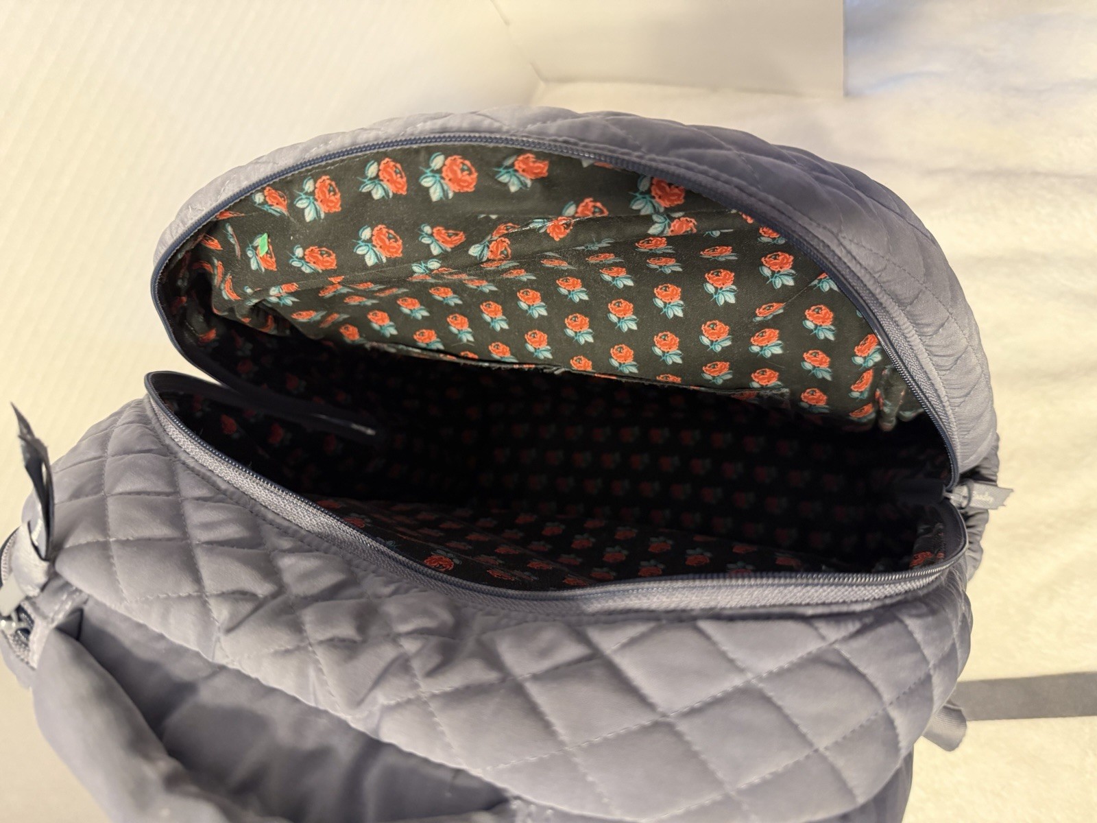 Vera Bradley Essentials Large Backpack Carbon Gray Quilted Rose Flower Lined EUC