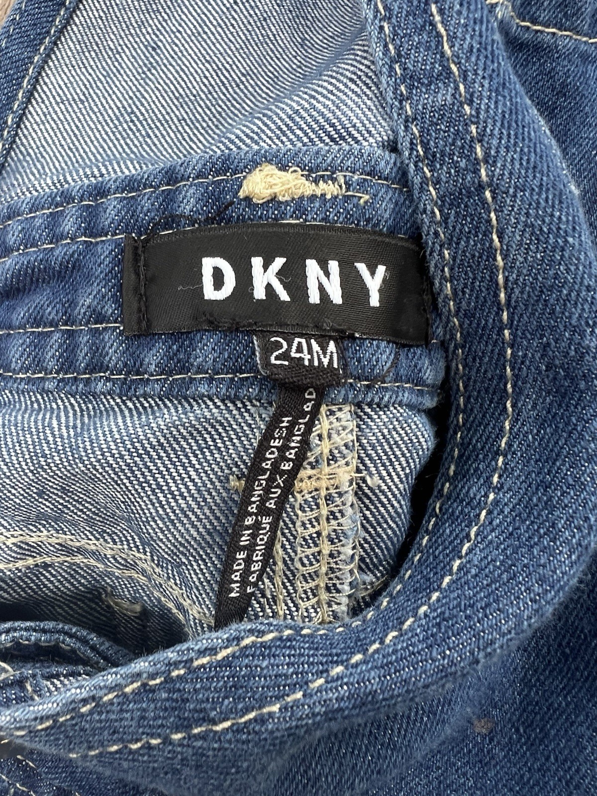 DKNY Baby Denim Shortalls Overalls Size 24M Blue Jean Pink Stripe Adjustable Leg